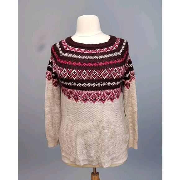 Madison Lily Size Large Fair Isle Sweater Oatmeal Pink Round Hem - Picture 1 of 12